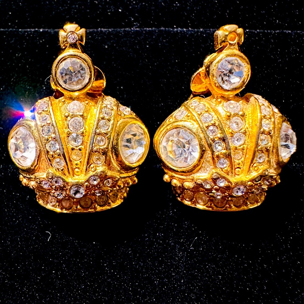 Joan Rivers Crown Clip Earrings - Gold Tone with Glass Rhinestones
